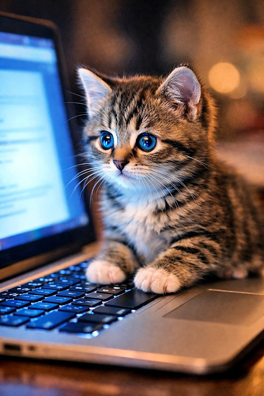 「ちょっと待って、その作業ここ直すにゃ🐾本気すぎる“猫アシスタント”が爆誕しました💻✨」A curious kitten sitting directly on a laptop keyboard, staring intently at the screen, with the monitor glow reflected in its bright eyes. ノートパソコンのキーボードの上に座り、画面を真剣な表情で見つめる好奇心旺盛な子猫。モニターの光が瞳に映っている
