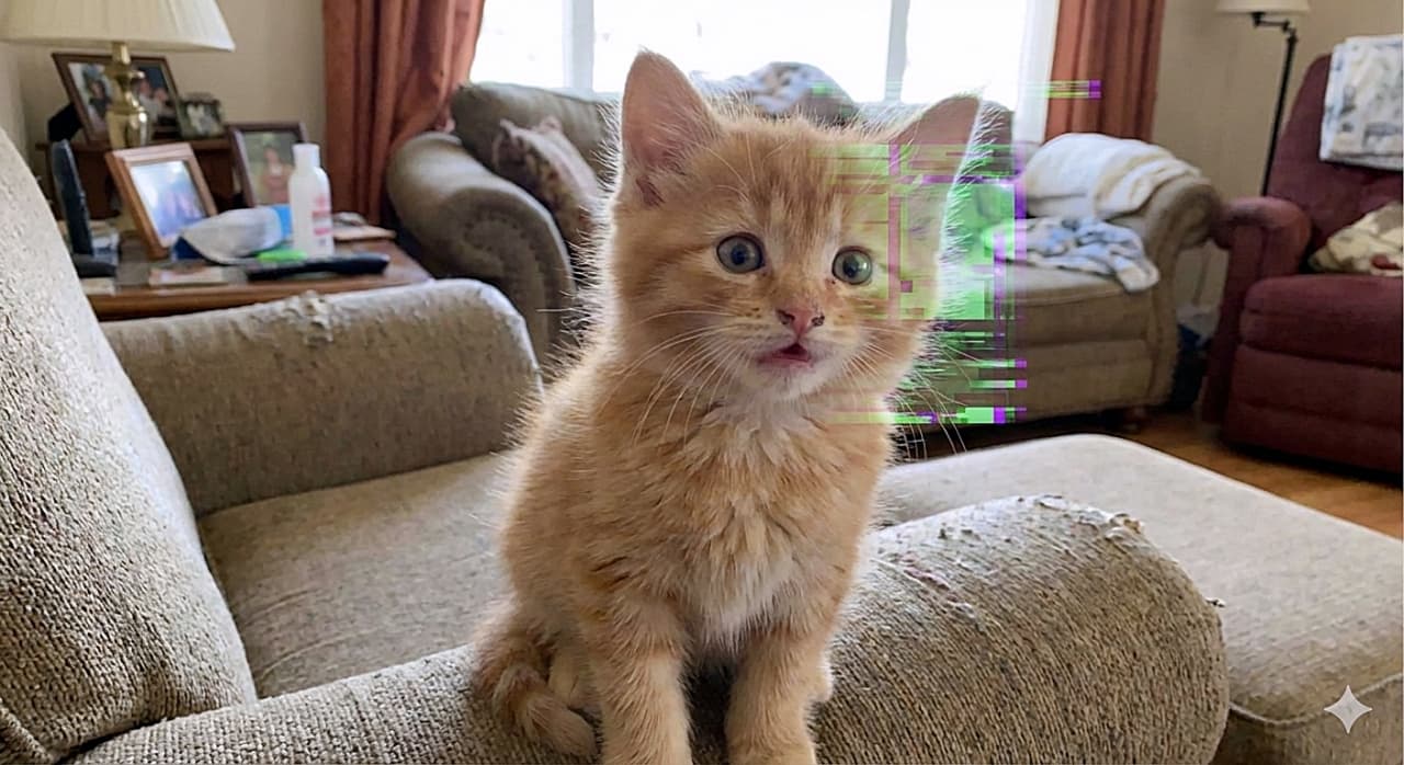 「虚空を見つめて完全にフリーズ中！口ぽかん、顔には謎のエラー発生。これぞ「猫トリックス」のバグ？」A low-angle photograph of an orange tabby kitten perched on the worn armrest of a grey armchair in a cozy living room. The kitten is staring wide-eyed and blankly into empty space with its mouth slightly open, completely zoned out with a vacant expression. A distinctive vertical digital glitch effect with green, purple, and yellow artifacts is overlaid on the right side of its face and the background, creating a "glitch in the matrix" vibe. The background, including another sofa, lamps, and a window, is softly blurred. 居心地の良いリビングルームで、使い古されたグレーのソファの肘掛けに座る、オレンジ色のトラ猫の子猫のローアングル写真。子猫は口を少し開け、虚ろな表情でまん丸の瞳でぽかんと虚空を見つめており、完全にぼーっとしている。彼の顔の右側とその背後の背景には、緑や紫、黄色のデジタルグリッチ（エラーノイズ）効果がかかっており、「マトリックスのグリッチ」のような不思議な雰囲気を醸し出している。背景の別のソファ、ランプ、窓などは柔らかくぼやけている