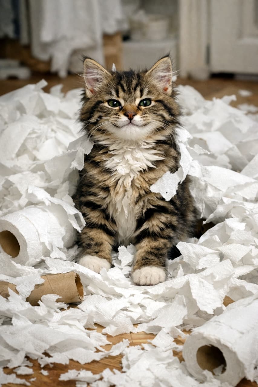 「やっちゃった感ゼロ😼むしろ誇らしげなこの顔…犯人は一目瞭然です🧻🐾」A mischievous kitten sitting proudly in the middle of shredded toilet paper, surrounded by unrolled rolls and paper scraps. トイレットペーパーを盛大に散らかし、得意げな表情で座るいたずら好きな子猫