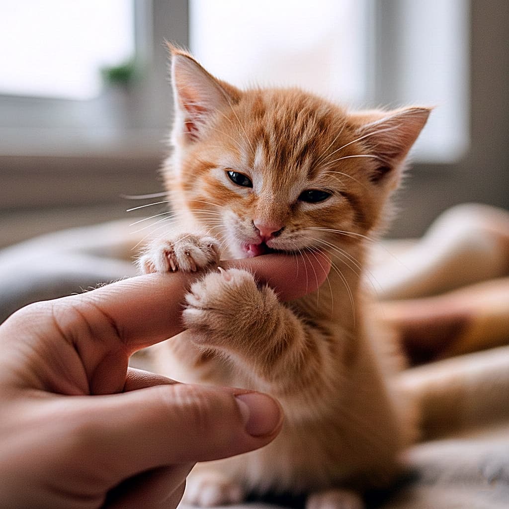 「ギュッと掴んで離さないニャ🐾 ちょっと目を細めて夢中で指を甘噛みする姿に信頼の証を感じる✨」A close-up photograph of a tiny orange tabby kitten holding a human finger firmly with both front paws. Its tiny claws are slightly visible. The kitten is playfully but gently biting the finger with its eyes slightly narrowed in a display of trust. The background is softly blurred. 人間の指を両前足でしっかりと掴んでいる、小さな茶トラ子猫のクローズアップ写真。小さな爪が少し見えている。子猫は目を少し細めながら、信頼の証として優しく遊び心たっぷりに指を甘噛みしている。背景は柔らかくぼやけている