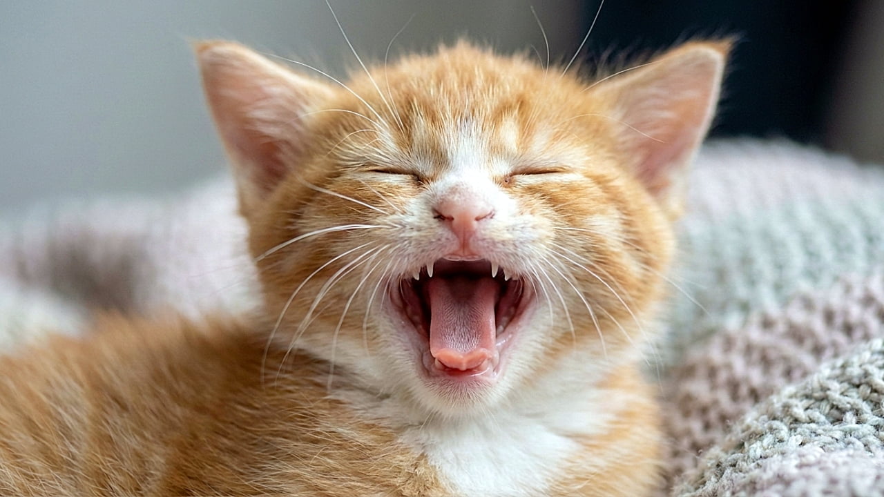「ふぁ〜っ！🥱 お口を全開にして大あくび中の茶トラちゃん🐈 小さな歯とピンクの舌がたまらなくキュート💕」A macro photograph of an adorable orange and white kitten doing a huge yawn. Its mouth is wide open, revealing a tiny curled pink tongue and small sharp teeth. The kitten's eyes are tightly squinted shut, and its long white whiskers spread out against a soft, blurred blanket background. 大きくあくびをする茶トラ白の子猫のマクロ写真。口を全開にして小さなピンク色の舌と鋭い乳歯を見せ、目はぎゅっと固く閉じられている。背景の柔らかい毛布がぼやけており、ピンと張った白いヒゲの1本1本まで鮮明に写っている