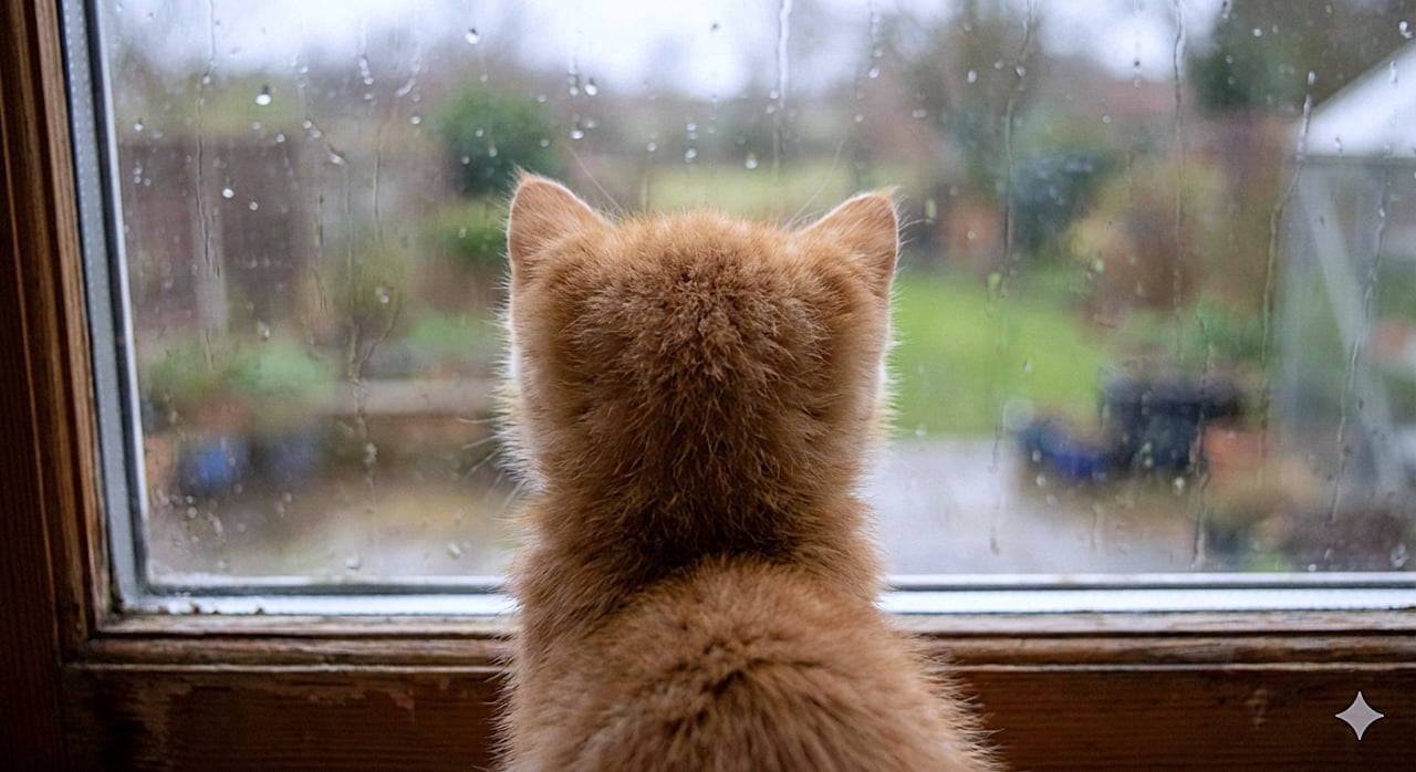 「雨の日のお外、何を見てるのかな？☔️ まん丸な後頭部とちっちゃなお耳が愛おしい、哀愁漂う後ろ姿🐈」A view from behind of an orange tabby kitten sitting on a wooden windowsill and looking out a window. The focus is on the kitten's round, fluffy back of the head and tiny ears. Raindrops are visible on the glass, and the blurred green garden outside creates a quiet, solitude mood. 木製の窓枠に座り、窓の外を見つめる茶トラ子猫の後ろ姿の写真。子猫の丸くてふわふわした後頭部と小さな耳にピントが合っている。ガラスには雨粒がついており、外のぼやけた緑の庭の景色が、静かで哀愁漂う孤独な雰囲気を醸し出している