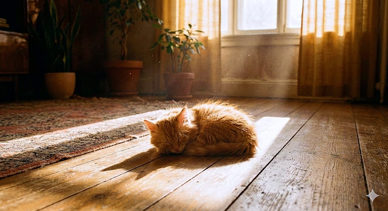 「ぽかぽか陽だまりの特等席ニャ☀️ 観葉植物のあるお部屋で、光に包まれてスヤスヤ幸せな夢の中💤」A peaceful golden hour photograph of a fluffy orange kitten curled up asleep in a pool of sunlight on a wooden floor. Dust motes dance in the warm light ray. In the background, potted plants, sheer curtains, and a patterned rug add to the cozy atmosphere. 木の床の陽だまりの中で丸まって眠る、ふわふわの茶トラ子猫の平和な写真。温かい光の筋の中にはホコリが舞っている。背景には観葉植物や透け感のあるカーテン、柄の入ったラグが見え、居心地の良い雰囲気が漂うゴールデンアワーの風景
