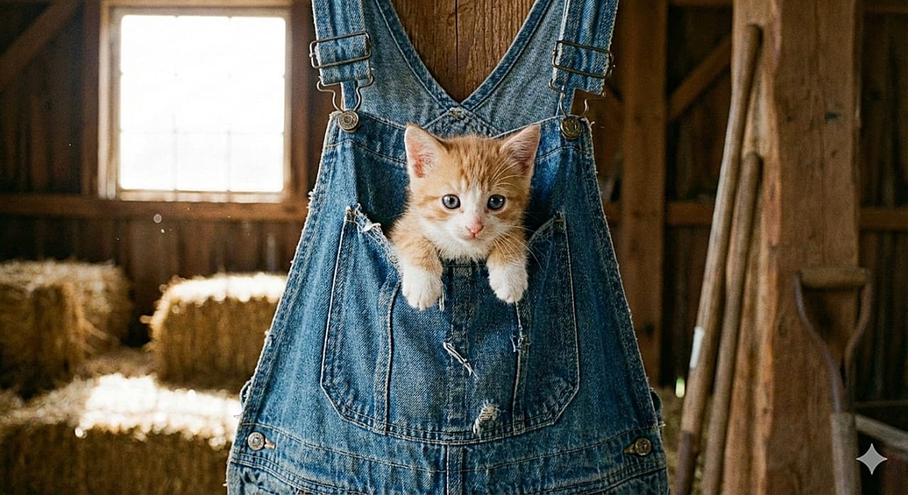 「デニムのポケットからひょっこりニャ！🐾 小さな前足を出して見つめるお顔にキュンとしちゃうカントリーな一枚🌾💕」A rustic photograph with natural lighting showing a cute orange and white kitten peeking out of the chest pocket of blue denim overalls hanging in a barn. The kitten's tiny white paws are resting over the edge of the pocket as it looks forward with big round eyes. The blurred background reveals a warm, rustic interior with hay bales and wooden farm tools. 自然光が差し込む素朴な納屋を背景に、吊るされた青いデニムのオーバーオールの胸ポケットからひょっこりと顔を出す、茶トラ白の子猫の写真。小さな白い前足をポケットのフチに乗せ、大きな丸い瞳でこちらを見つめている。ぼやけた背景には干し草の俵や木製の農具が見え、温かみのあるカントリー調の雰囲気