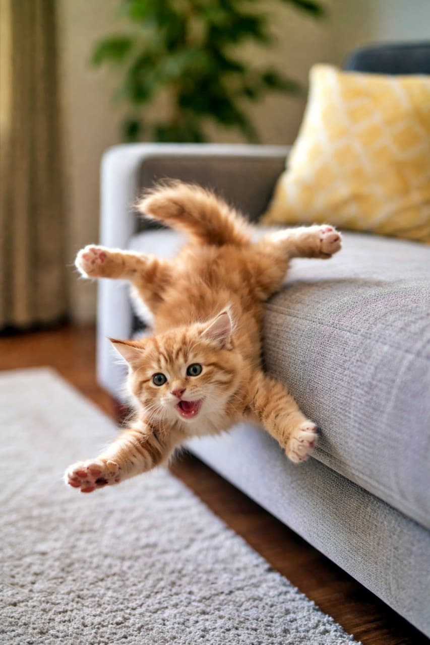 「ジャンプ失敗率100％！？目を見開いて落下する瞬間まで愛おしい子猫💥🐾」An orange tabby kitten missing a jump and falling off a gray sofa, frozen mid-air with wide eyes in a humorous action shot. グレーのソファへのジャンプに失敗し、驚いた表情で宙に浮いたまま落ちる茶トラ子猫の決定的瞬間