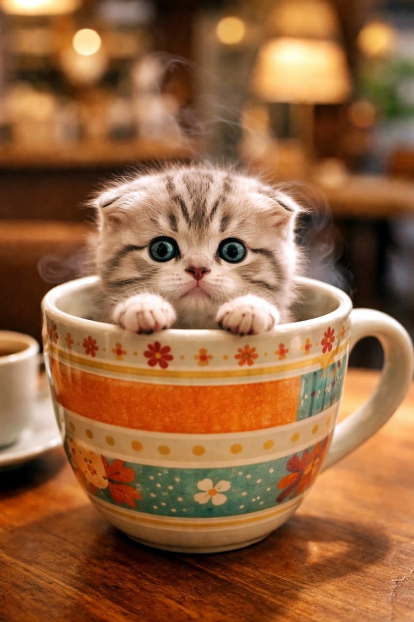 「マグカップからひょっこり登場☕湯気に包まれた、あったか子猫のカフェタイム」A tiny Scottish Fold kitten peeking out from a large colorful ceramic mug with steam rising, creating a cozy cafe atmosphere. 湯気の立つ大きなカラフルなマグカップから、顔と前足を出すスコティッシュフォールドの子猫。カフェのような温かい雰囲気