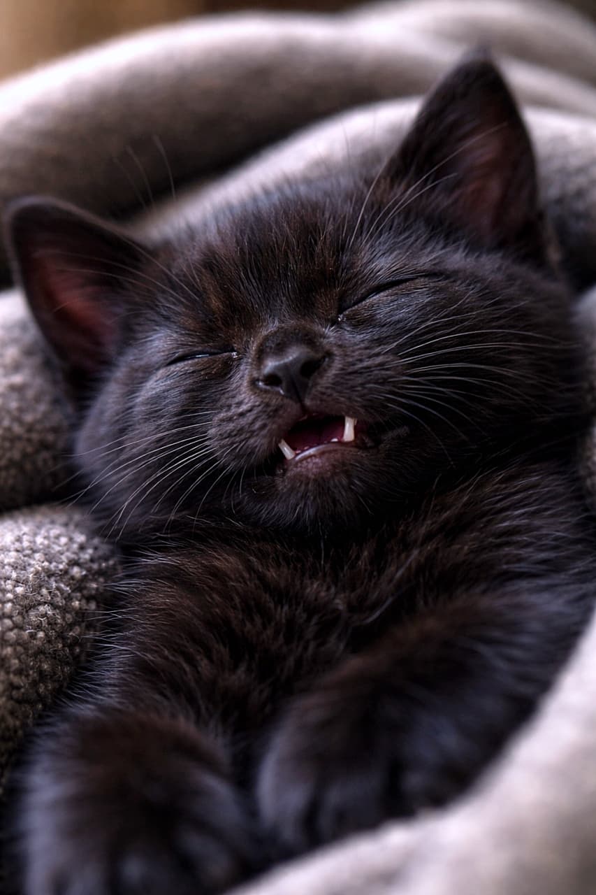 「寝顔は天使、口元は小さな吸血鬼。黒猫ベビーの“うっかり牙チラ”が尊すぎる」Close-up of a sleeping black kitten with its mouth slightly open, showing tiny vampire-like fangs, shiny black fur, and a peaceful expression. 口を少し開けて小さな牙が見える、安らかに眠る黒い子猫のアップ。艶のある黒い毛並みが印象的
