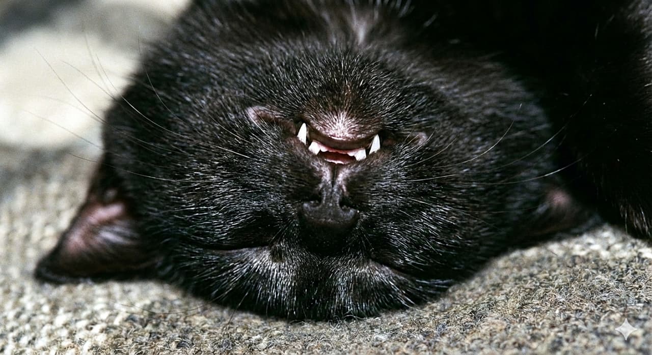 「スヤスヤ眠る黒猫ちゃん💤 お口からチラッと見える、ちっちゃな吸血鬼みたいなキバがたまらなく可愛いっ🧛‍♀️💕」A close-up photograph of a sleeping black kitten resting upside down on a textured grey surface. Its eyes are closed peacefully, and its mouth is slightly open, revealing tiny, sharp white "vampire" fangs. The kitten's shiny black fur is captured with high detail. テクスチャのあるグレーの表面で、仰向けになって穏やかに眠る黒い子猫の顔のクローズアップ写真。少し開いた口から、鋭くて小さな白い「吸血鬼」のような牙がのぞいている。子猫の艶やかで美しい黒い毛並みが精細に捉えられている