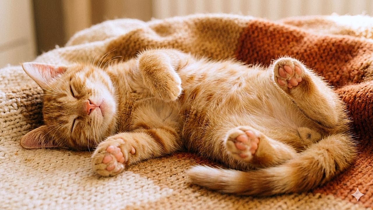 「へそ天で爆睡中の茶トラちゃん💤 ピンクの肉球が丸見えだよ🐾 幸せそうな寝顔に癒やされる～💕」A warm-toned photograph of a ginger tabby kitten sleeping peacefully on its back on a soft knitted blanket. Its paws are curled in the air, clearly showing its pink paw pads. 柔らかいニットの毛布の上で、仰向けになって穏やかに眠る茶トラの子猫の温かみのある写真。足は空中で曲げられており、ピンク色の肉球がはっきりと見えている