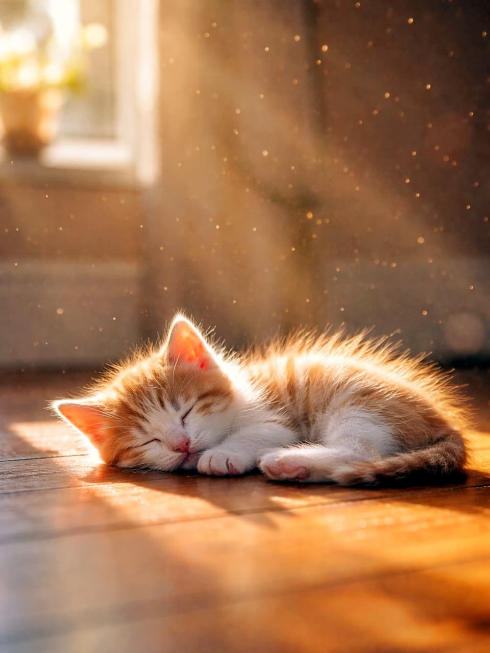 「ぽかぽか日だまり独り占め☀️光に包まれて、子猫のしあわせお昼寝タイム🐾」A sleeping kitten curled up on a wooden floor, bathed in warm golden-hour sunlight with dust motes floating in the air, creating a peaceful and cozy atmosphere. 木の床に差し込む夕方の柔らかな日差しの中で、ほこりが舞う空気に包まれながら気持ちよさそうに眠る子猫の様子