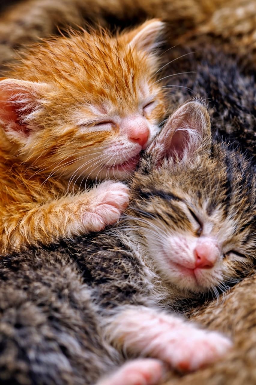 「安心しきって、すやすや…💤眠りながらも離れたくない、尊すぎる距離感」Two sleeping kittens cuddled tightly, one gently nursing on the other kitten’s ear, showing extreme closeness and comfort. 寄り添って眠る2匹の子猫。片方がもう一方の耳や毛に甘えるように吸い付き、強い安心感と親密さが伝わる様子