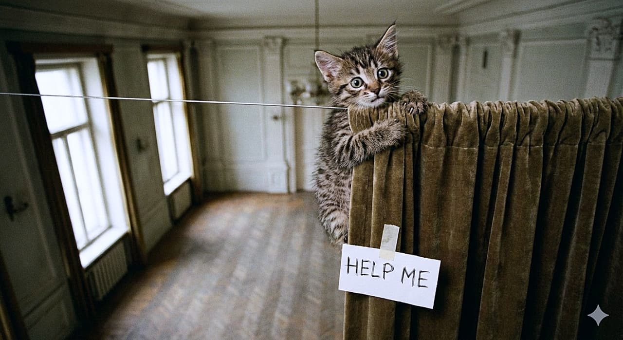 「カーテン登頂成功！…でも降りられないニャ💦「HELP ME」のサインがシュールで可愛いSOS劇🐱🆘」A photorealistic image of a tiny tabby kitten clinging desperately to a high olive-green curtain with its claws hooked into the fabric. The kitten is looking directly at the camera with wide eyes, showing a mixture of triumph and regret. Just below the kitten, a small white paper sign with the words "HELP ME" is taped to the curtain folds. The background features a slightly blurred, spacious room with large windows. 高いオリーブグリーンのカーテンに爪を立てて必死にしがみついている、小さなキジトラの子猫のリアルな写真。達成感と後悔が入り混じったような見開いた目でカメラを見つめている。子猫のすぐ下のカーテンのひだには、「HELP ME」と書かれた小さな白い紙がテープで貼られている。背景には、大きな窓のある広い部屋がぼやけて写っている