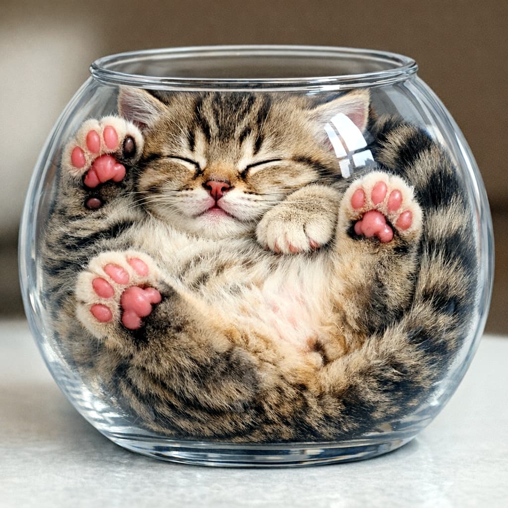 「みちみちに詰まった「猫の瓶詰め」完成！？🐾 ガラス越しの肉球ととろけた寝顔に悶絶必至💕」Close-up of a tabby kitten sleeping tightly packed inside a clear glass fishbowl. Its four pink paw pads and happy face are pressed against the glass, filling the space like liquid. 透明な金魚鉢の中に、液体のように隙間なくぎっしりと詰まって眠るキジトラ子猫。ガラスに押し付けられた4つのピンク色の肉球と、正面を向いた幸せそうな寝顔