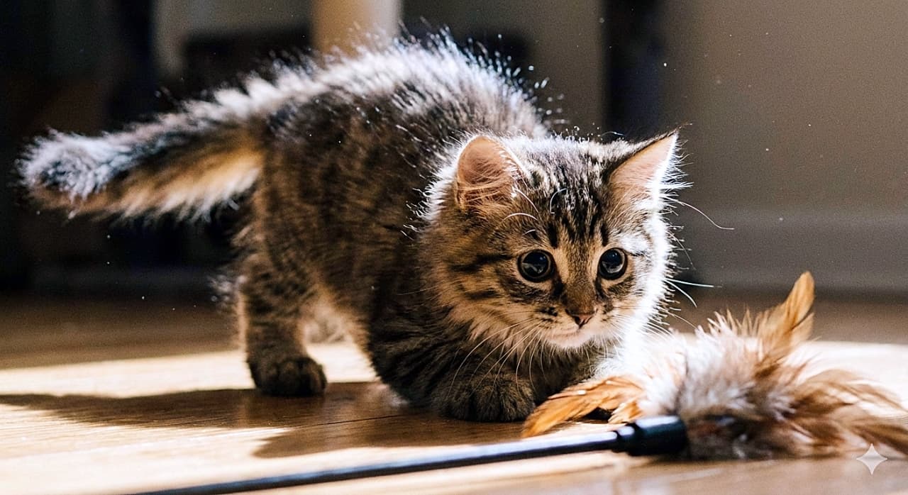 「狙いを定めて…お尻フリフリ発射準備OK！🐈💨 まん丸の黒目で獲物をロックオンする姿がたまらん💕」A low angle shot of a fluffy tabby kitten crouching on a sunlit wooden floor, intensely focused on a feather toy in the foreground. The kitten is in a pounce preparation pose, ready to wiggle its butt, with its pupils fully dilated into large black circles. Dust motes are illuminated by the strong sunlight behind it. 太陽の光が差し込む木の床の上で、手前にある羽のおもちゃをジッと見つめるキジトラ子猫のローアングル写真。お尻をフリフリして飛びかかる直前のクラウチングポーズをとっており、瞳孔は全開でまん丸の黒目になっている。背後からの強い光の中にホコリが舞っているのが見える