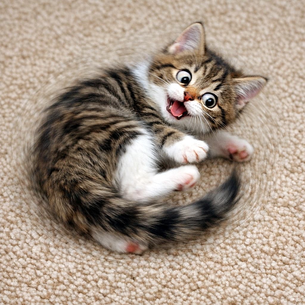 「目が回る〜😵🌀 高速スピンで尻尾をハント中！残像が見えるほどのスピード感がすごい😹💨」Top-down view of a tabby and white kitten spinning fast in a circle chasing its tail on a beige carpet. Strong motion blur emphasizes the speed, and the kitten has a wide-eyed, excited expression with its mouth open. ベージュのカーペットの上で、自分の尻尾を追いかけて高速回転するキジ白子猫を真上から捉えた写真。渦巻くようなブレ（モーションブラー）がスピード感を強調し、子猫は口を開けて興奮した表情をしている