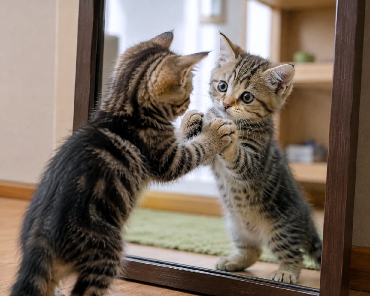 「えいっ、やぁっ！🐾鏡の中のライバルに立ち向かう勇敢なキジトラちゃん！後ろ姿のシマシマも最高😍 #キジトラ #子猫」Ultra-realistic high-quality photograph of an American Shorthair style tabby kitten standing fully on its hind legs to touch a dark wooden mirror, highlighting its classic tabby coat patterns and intense expression. 後ろ足で器用に立ち上がり、ダークブラウンの木製鏡に向かって両前足をピンと伸ばすアメリカンショートヘア風のキジトラ子猫。クラシックタビーの美しい渦巻き模様の背中と、鏡に映った真剣な表情、グリーンのラグマットが鮮やかな対比を見せています