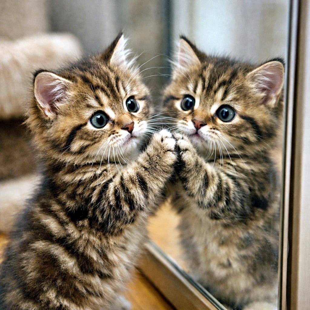 「「きみはだれ？」鏡の中の自分にご挨拶🐾 じっと見つめる真剣な瞳にキュンとしちゃう🥺🪞」Close-up of a brown tabby kitten touching a mirror with both front paws, staring intently at its own reflection with wide, confused eyes. 鏡に両前足をぴったりとつけ、不思議そうな表情で自分の姿を見つめるキジトラ子猫のクローズアップ。鏡の中の自分と見つめ合っている