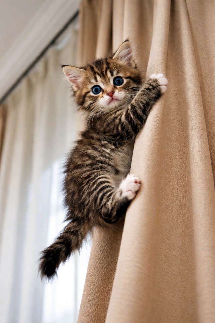 「登ったのはいいけど、降り方を忘れた子猫の「助けて…」顔が可愛すぎる」A tiny tabby kitten clinging to high curtains, claws hooked in, looking down with wide eyes showing triumph and regret. 高いカーテンにしがみつき、達成感と後悔が入り混じった表情で下を見下ろす小さな子猫