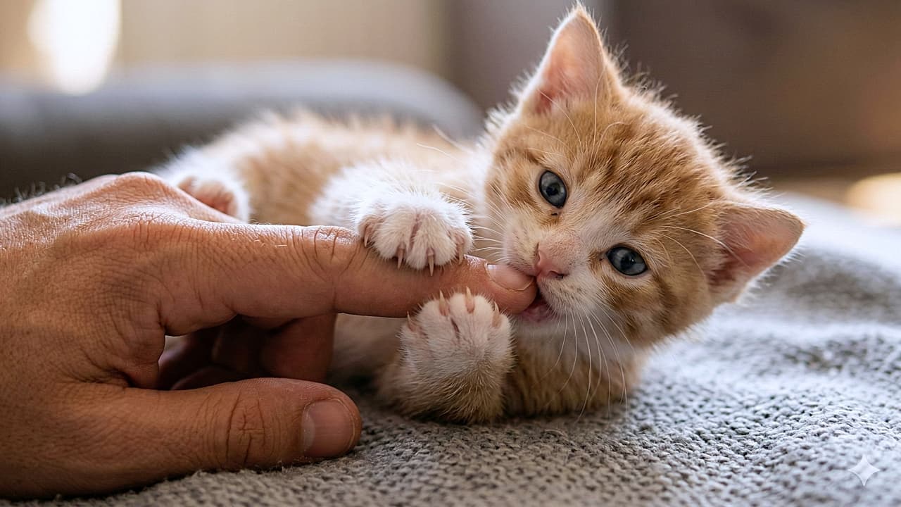 「指をあむあむ🐾。小さな爪でギュッとつかんで、信頼度100%の甘噛みタイム！💖」A close-up photograph of a tiny orange and white tabby kitten. The kitten is holding a human finger with both front paws, its tiny white claws slightly extended. It is playfully and gently biting the finger and looking directly at the camera with wide, curious blue-green eyes. The kitten is resting on a soft, grey knitted blanket with a softly blurred background. 小さなオレンジ白のトラ猫（子猫）のクローズアップ写真。子猫は人間の指を両前足でつかみ、小さな白い爪が少し伸びているが、優しくつかんでいる。子猫は指をじゃれつくように甘噛みしており、大きく開いた好奇心旺盛な青緑色の瞳でカメラをまっすぐ見つめている。子猫は柔らかい灰色の編み毛布の上にいる。背景は柔らかくぼやけている