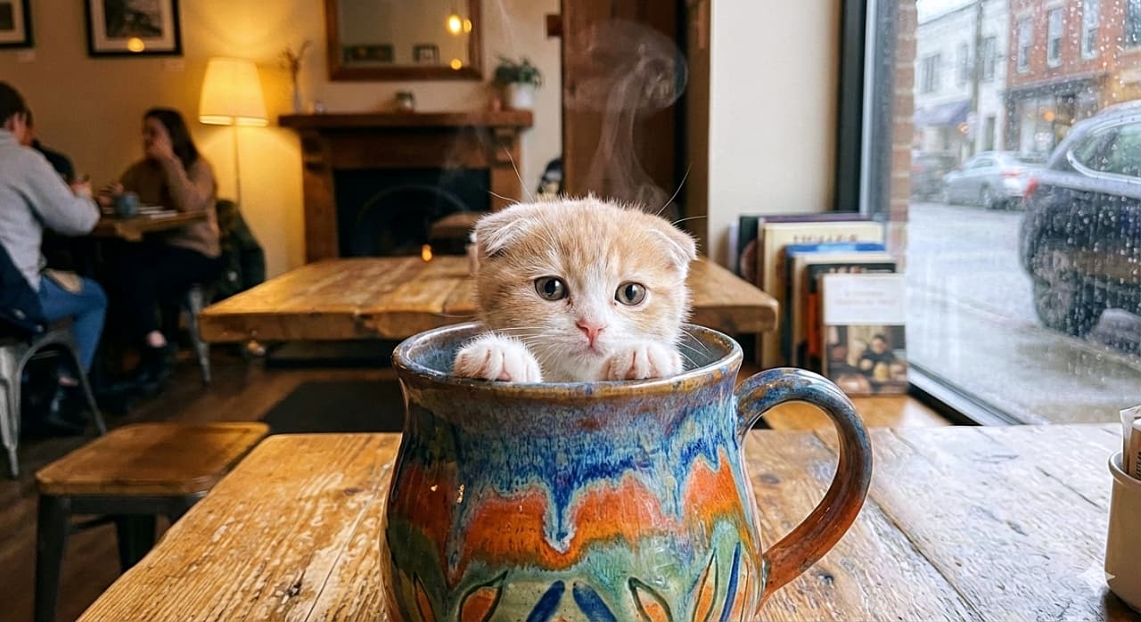 「カフェのマグカップからこんにちは☕️🐾 お顔とお手てだけ出してるスコちゃんが反則級の可愛さ💕」A cozy cafe scene featuring a tiny Scottish Fold kitten sitting inside a large, colorful glazed ceramic mug on a wooden table. Only the kitten's adorable head and two little front paws are peeking out over the rim, with gentle steam rising from behind it. The blurred background shows a warm cafe interior with a fireplace, books, people chatting, and a rainy street viewed through the window. 温かみのあるカフェの木製テーブルの上で、カラフルで大きな陶器のマグカップの中にすっぽりと収まっている小さなスコティッシュフォールドの子猫の写真。フチから顔とちょこんとした両前足だけをのぞかせており、ふんわりと湯気が立ち上っている。背景には暖炉や本、くつろぐ人々、窓の外の雨の通りの様子がぼやけて写っている