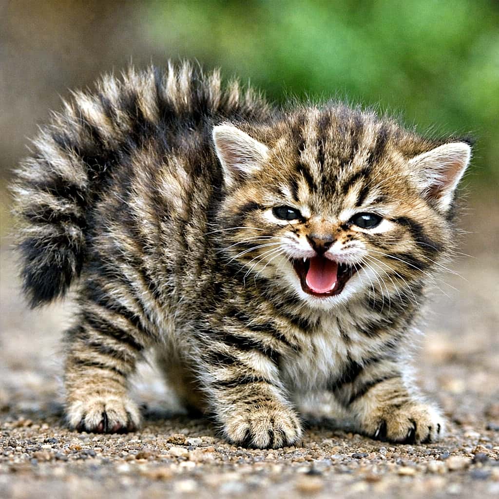 「全力で強がってるつもりなのに、可愛さがダダ漏れな子猫の本気威嚇！」A tiny tabby kitten arching its back and fluffing up its tail, hissing bravely while looking irresistibly cute on a gravel path. 背中を丸めてしっぽを膨らませ、勇ましく威嚇するがとても可愛らしい小さなキジトラの子猫