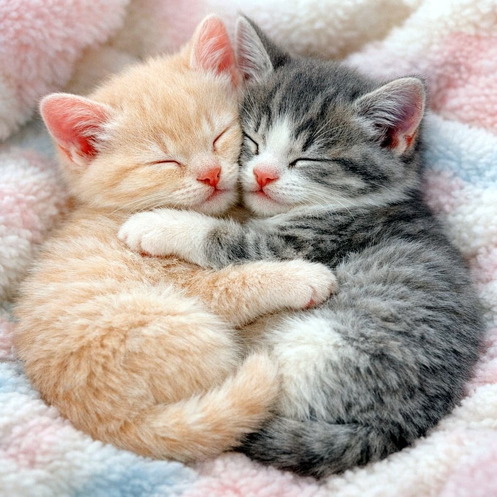 「ぎゅっと抱き合って離れないニャ💤 まん丸になって眠る2匹の姿は、まさに幸せのシンボル💞」A photograph of two kittens sleeping while tightly hugging each other in a yin and yang position on a soft pastel blanket. A cream kitten and a grey-and-white kitten are curled up together, cheek to cheek, in pure bliss. 柔らかなパステルカラーの毛布の上で、陰陽の形に丸まってしっかりと抱き合いながら眠る2匹の子猫の写真。クリーム色の子猫と灰白の子猫が頬を寄せ合い、至福の表情で眠っている