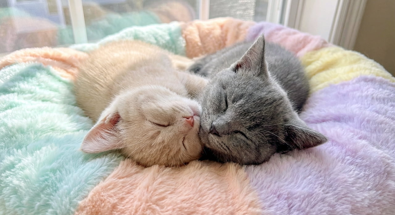 「ふわふわベッドで夢の中☁️ ほっぺをぴったりくっつけて眠るクリームちゃんとグレーちゃんに至福の癒やし💕」A photograph of two kittens sleeping cheek to cheek on a fluffy, pastel-colored pet bed. A cream-colored kitten and a grey kitten are resting peacefully next to each other, looking in pure bliss. ふわふわのパステルカラーのペットベッドの上で、頬を寄せ合って眠る2匹の子猫の写真。クリーム色の子猫とグレーの子猫が、至福の表情で並んで穏やかに休んでいる