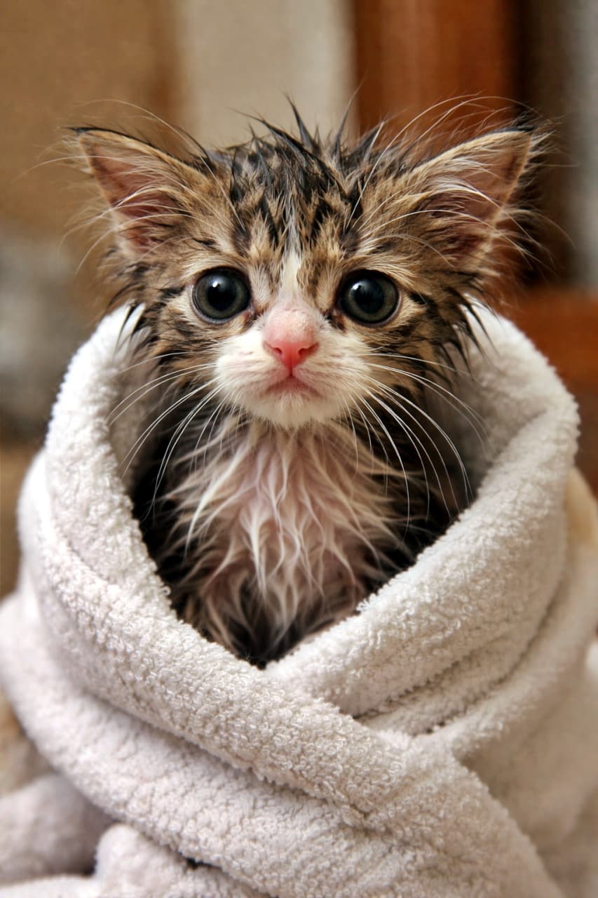 「お風呂に入れただけなのにこの目。「聞いてないんだけど？」って顔が可愛すぎる件」A tiny wet kitten wrapped in a white towel after a bath, looking skinny with big, betrayed eyes. お風呂上がりで体が細く見える子猫が、白いタオルに包まれ、裏切られたような大きな目で見つめている様子