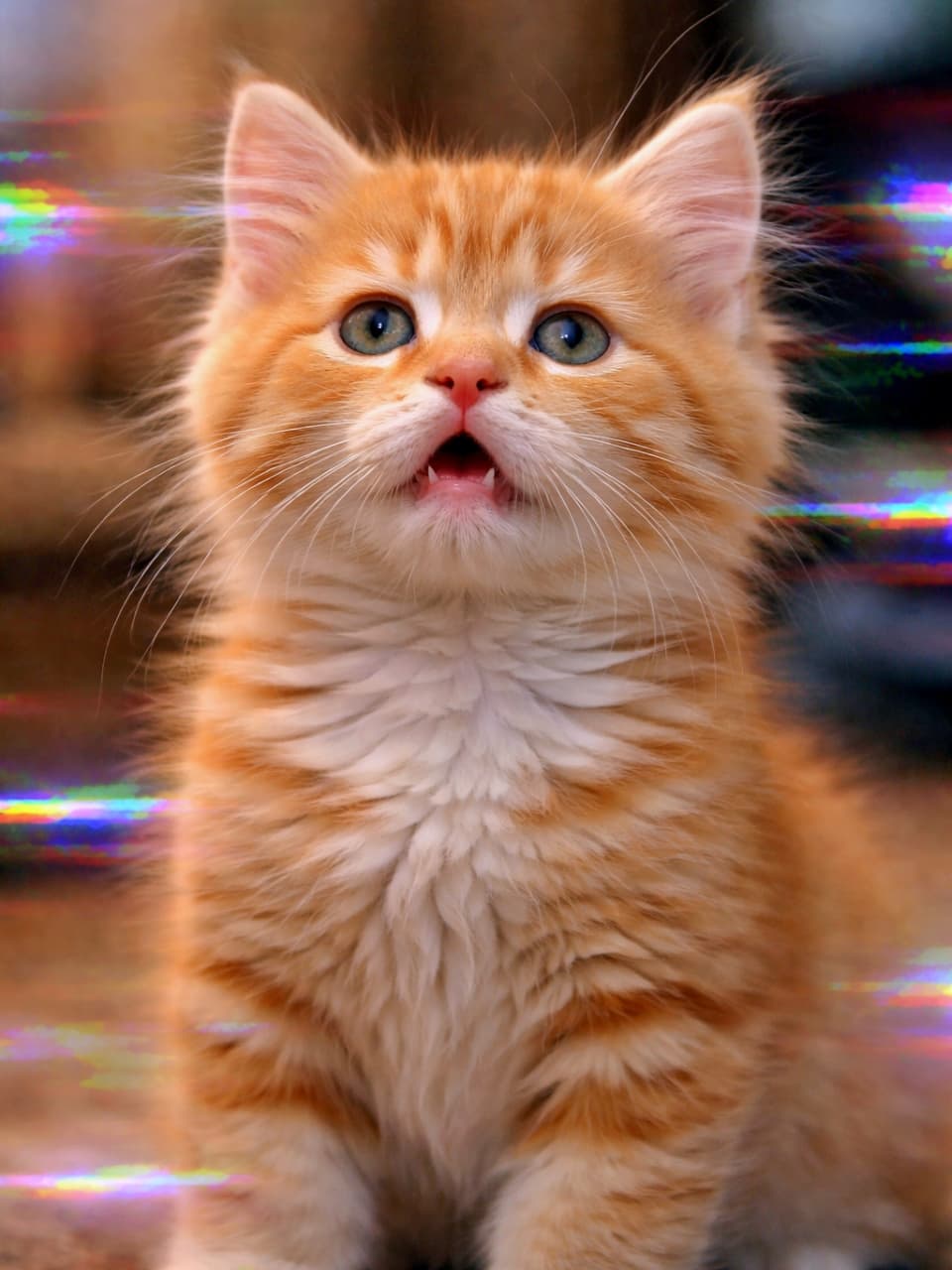 「思考停止中の子猫。脳内フリーズ？それとも世界のバグを発見した瞬間…😺✨」A fluffy orange kitten staring into empty space with its mouth slightly open, showing a funny vacant expression with a glitch-like atmosphere. 口を少し開けたまま虚空を見つめ、完全にフリーズした表情の茶トラ子猫。どこかグリッチ感のある不思議な雰囲気