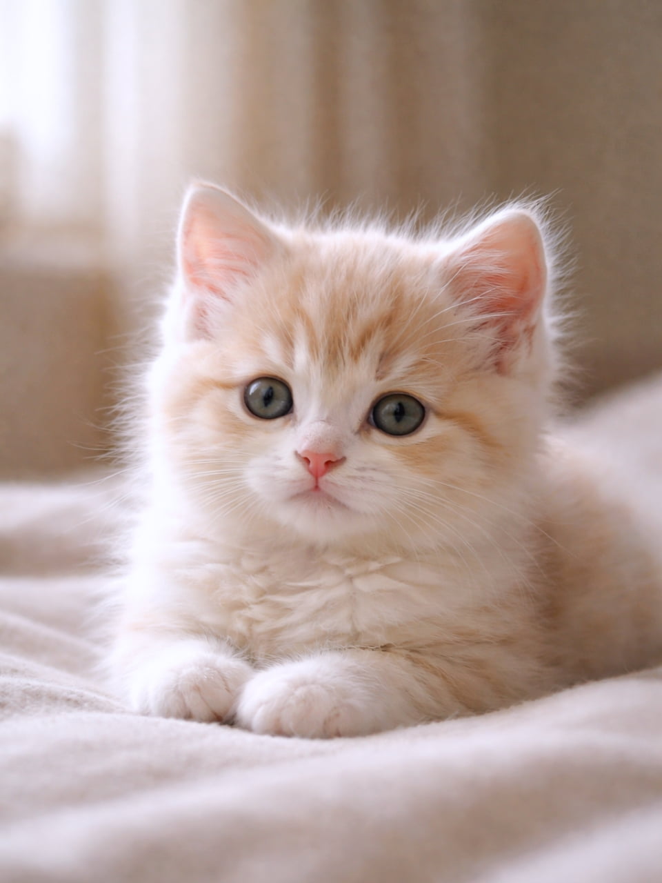 「何もしない時間が、いちばん尊い。ただ、そこにいるだけの子猫さん🐾」A calm, fluffy kitten resting quietly on a soft beige surface, looking straight ahead with gentle eyes in soft natural light. やわらかなベージュの布の上で、穏やかな表情で静かに佇むふわふわの子猫