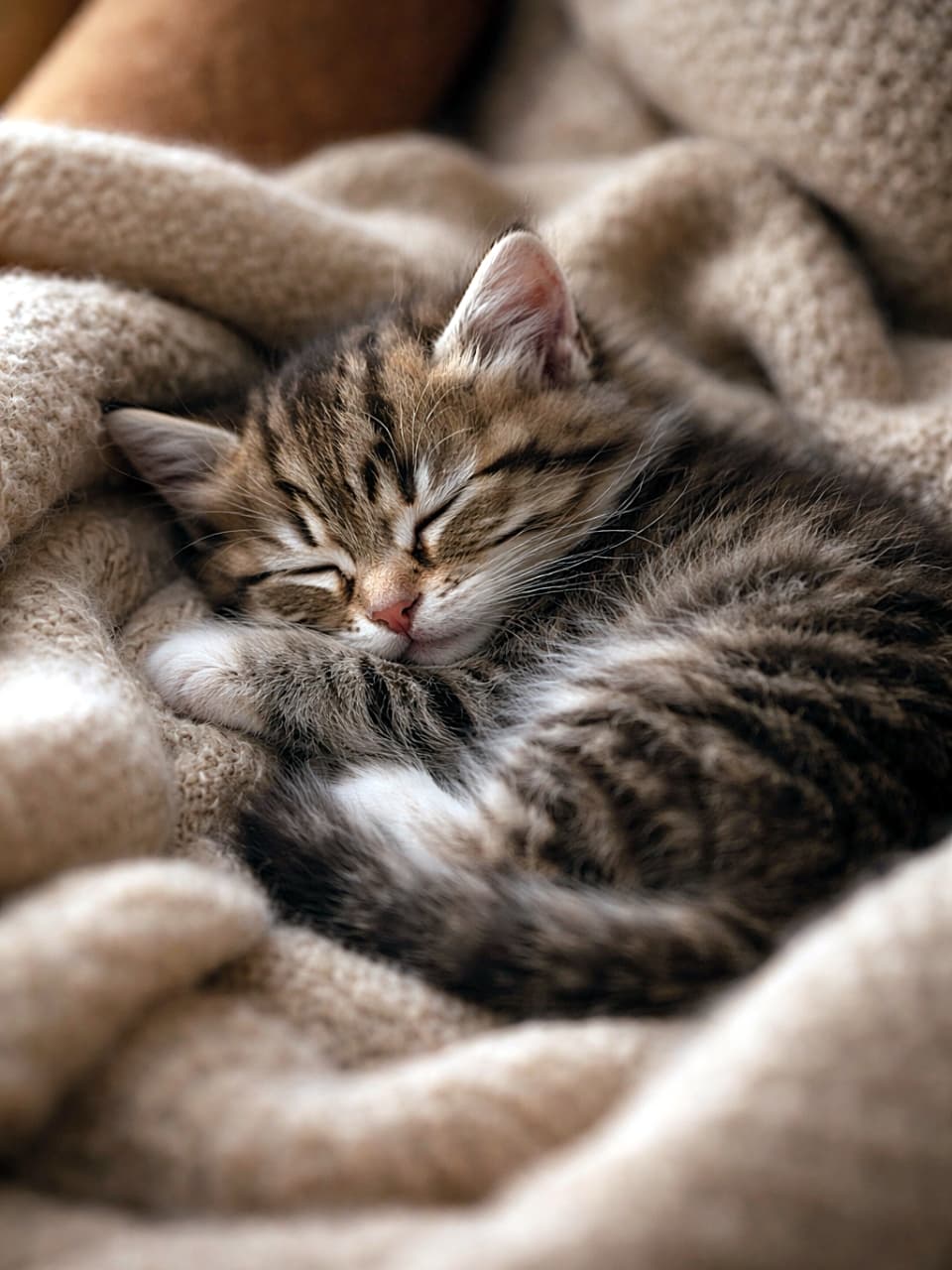 「毛布にくるまれて、夢の世界へ…見ているだけで心までぽかぽかする寝顔🐾」A curled-up kitten sleeping peacefully on a soft, cozy blanket in warm light やわらかな毛布の上で丸くなって気持ちよさそうに眠る子猫