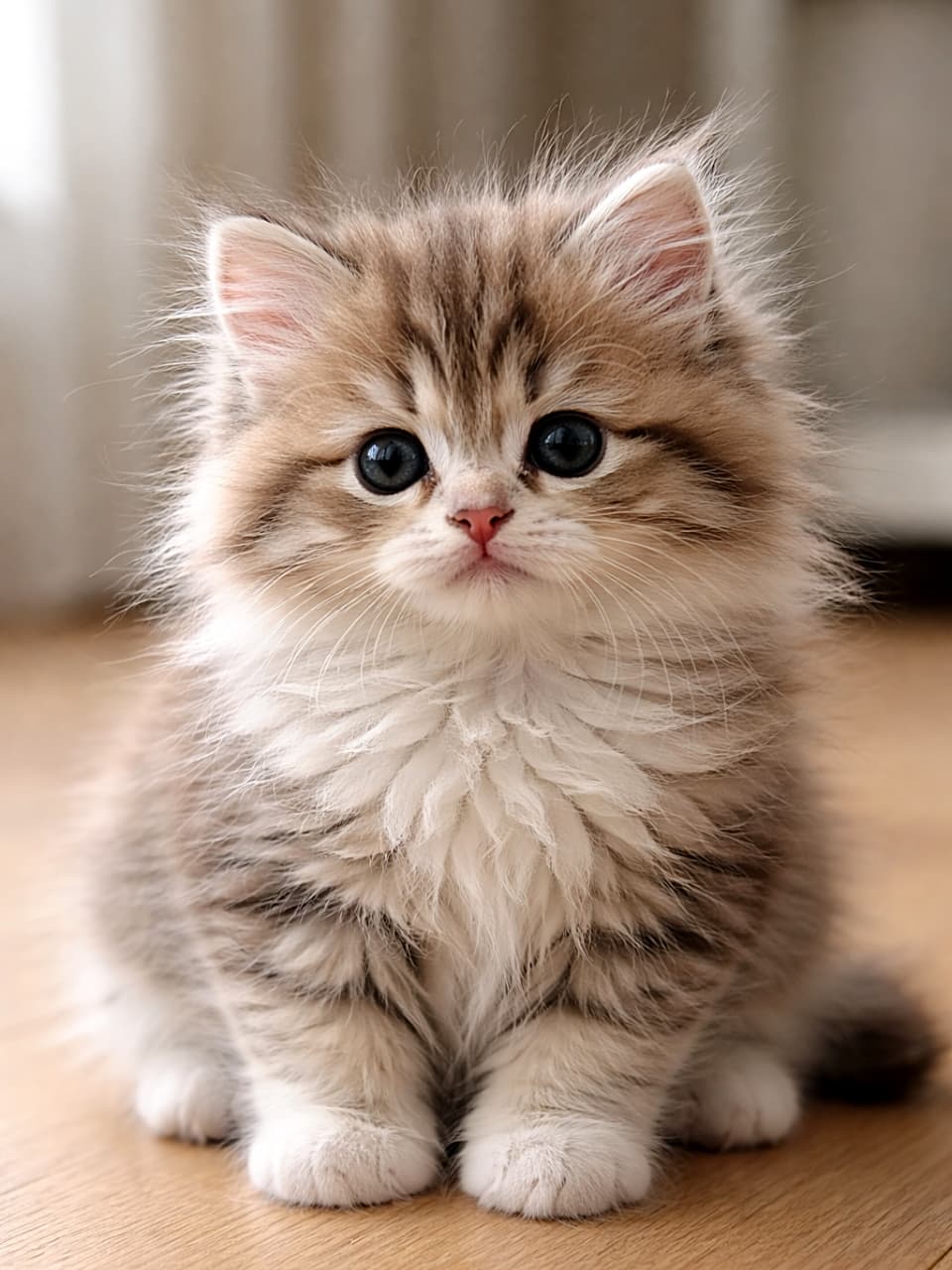 「このふわふわ感、反則級。気づけば画面越しに見つめ返してしまう子猫です」A fluffy kitten sitting on a wooden floor, softly lit, with clear and detailed fur texture やわらかな光の中で、毛並みの質感がはっきり見えるふわふわの子猫