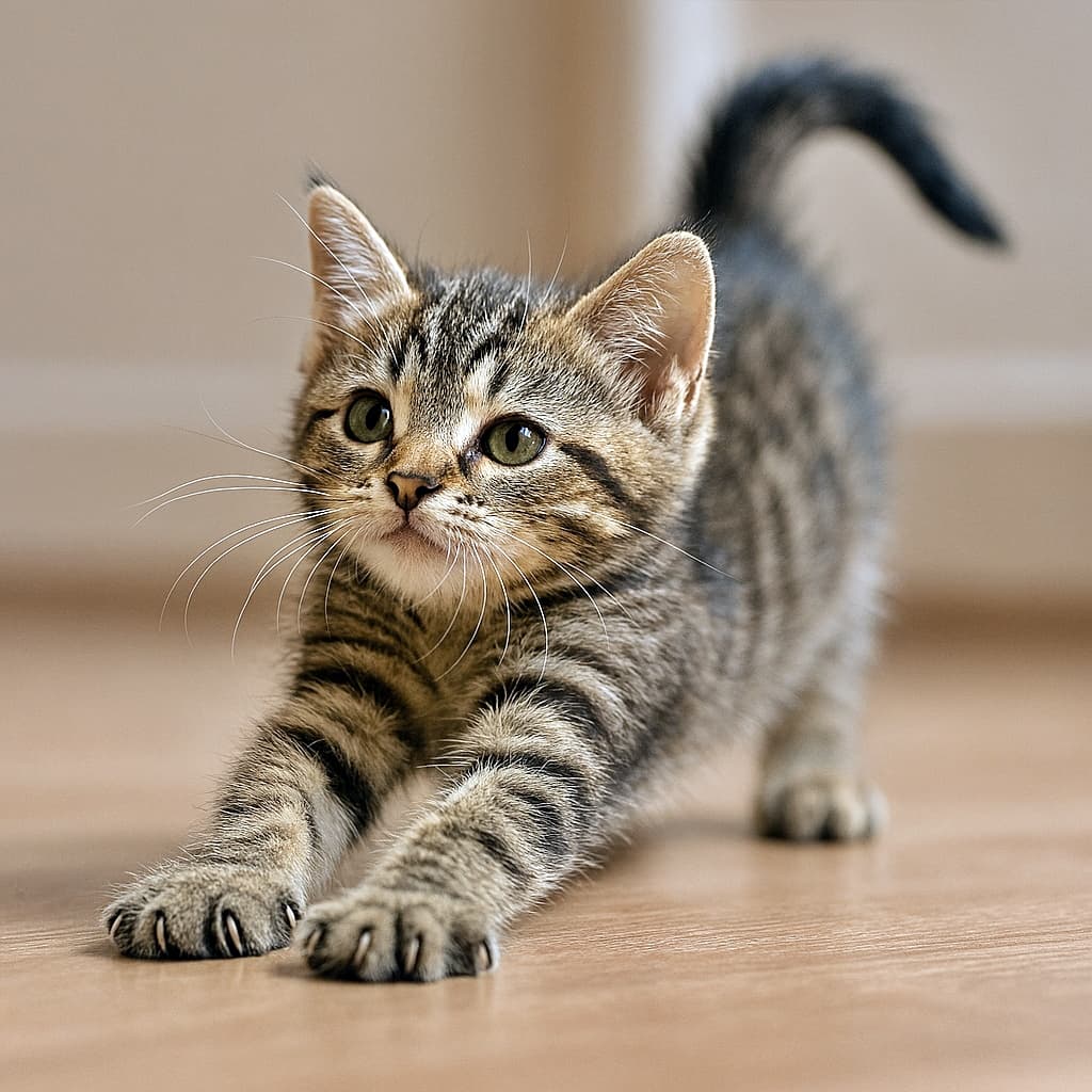 A tabby kitten arching its back and stretching on a wooden floor with soft lighting. 柔らかな光の中で背中を丸めて木の床でストレッチするキジトラ子猫