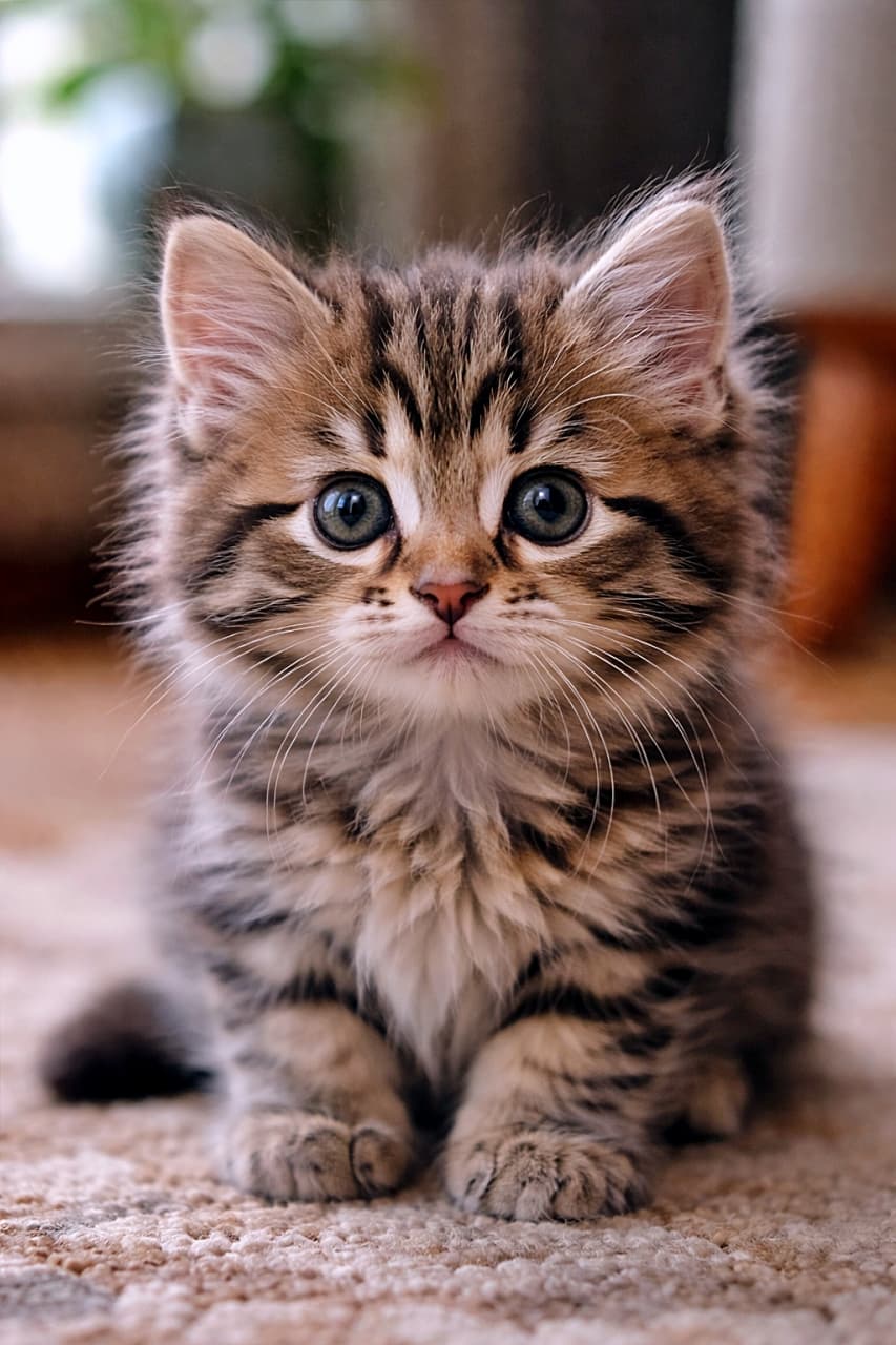 「じーっと見つめるこの目線。まだ小さいのに、世界を全部理解してそうで困る…🐾」A photorealistic kitten looking directly at the camera at eye level, with soft fur and clear round eyes, sitting indoors in natural light. 自然光の室内で、目線の高さからカメラをまっすぐ見つめる、ふわふわの子猫のフォトリアルな写真