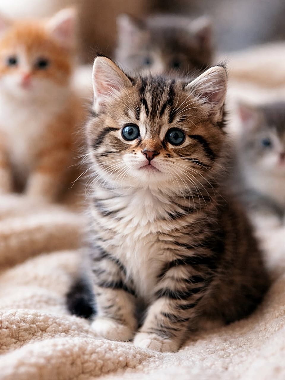 「主役はこの子!後ろで見守る兄弟たちのぼけ感もたまらない一枚🐾」A photorealistic close-up of a kitten in the foreground, with other kittens softly blurred in the background, creating a warm and gentle atmosphere. 手前に子猫がくっきり写り、背景には他の子猫たちがやさしくぼけて映る、温かみのあるリアルな写真