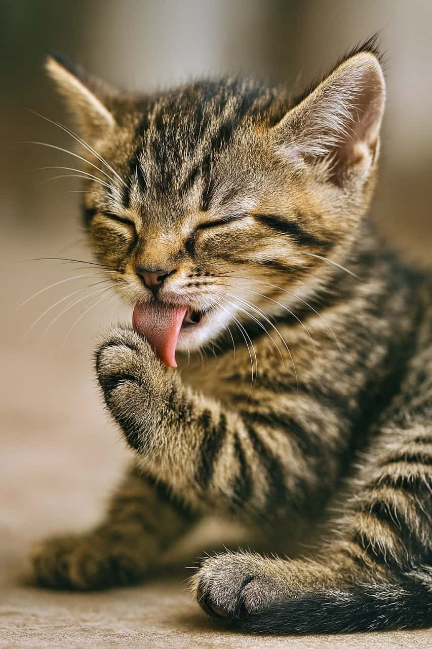 「にゃんこ流お手入れタイム♪ ふわふわ肉球もぺろりん!」A tabby kitten with closed eyes licks its raised front paw, showing a pink tongue and soft striped fur. 目を閉じたキジトラ子猫が前足を舐めている様子。ピンクの舌と柔らかな縞模様の毛並みが際立つ