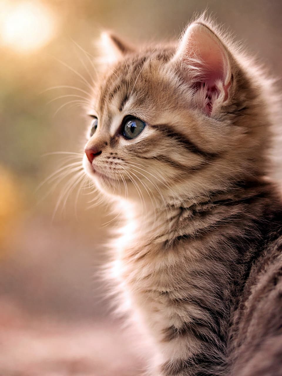 「横顔だけで伝わる、この可愛さ。静かな時間にそっと寄り添う、やさしい子猫のまなざし」Photorealistic profile view of a kitten with soft fluffy fur, gazing forward against a gentle blurred background. やわらかな背景の中で横顔を見せる、ふわふわな毛並みの子猫のフォトリアルな画像