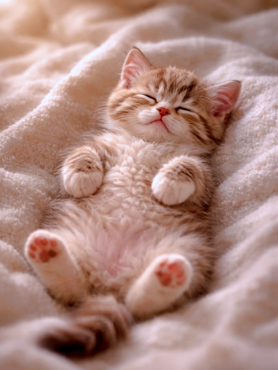 「完全無防備で爆睡中。このお腹、見てるだけで幸せが充電されます」A photorealistic kitten sleeping on its back with its belly up on a soft white blanket, peaceful and relaxed under gentle natural light. 白い柔らかな毛布の上で、お腹を出して仰向けに眠る子猫。やさしい光に包まれた穏やかな雰囲気の写真