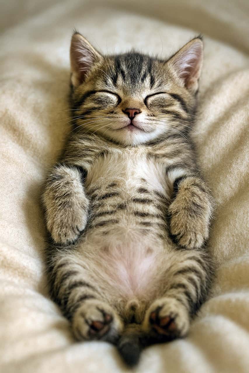 「ふわふわ毛布でお腹見せてスヤスヤ…癒し全開の子猫タイム!」A photorealistic tabby kitten sleeping peacefully on its back atop a soft beige blanket, with its belly exposed and paws curled gently, bathed in warm diffused light. 柔らかなベージュの毛布の上で仰向けに眠るフォトリアルなトラ猫の子猫。お腹を見せて前足を丸め、暖かく拡散した光に包まれて穏やかな表情を浮かべている