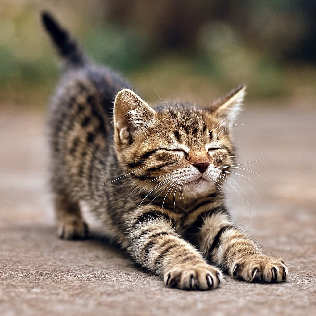「お外でのび〜っ!今日も元気にストレッチタイム♪」A tabby kitten stretching on a concrete surface with eyes closed and front legs extended. コンクリートの上で目を閉じて前足を伸ばしているキジトラ子猫
