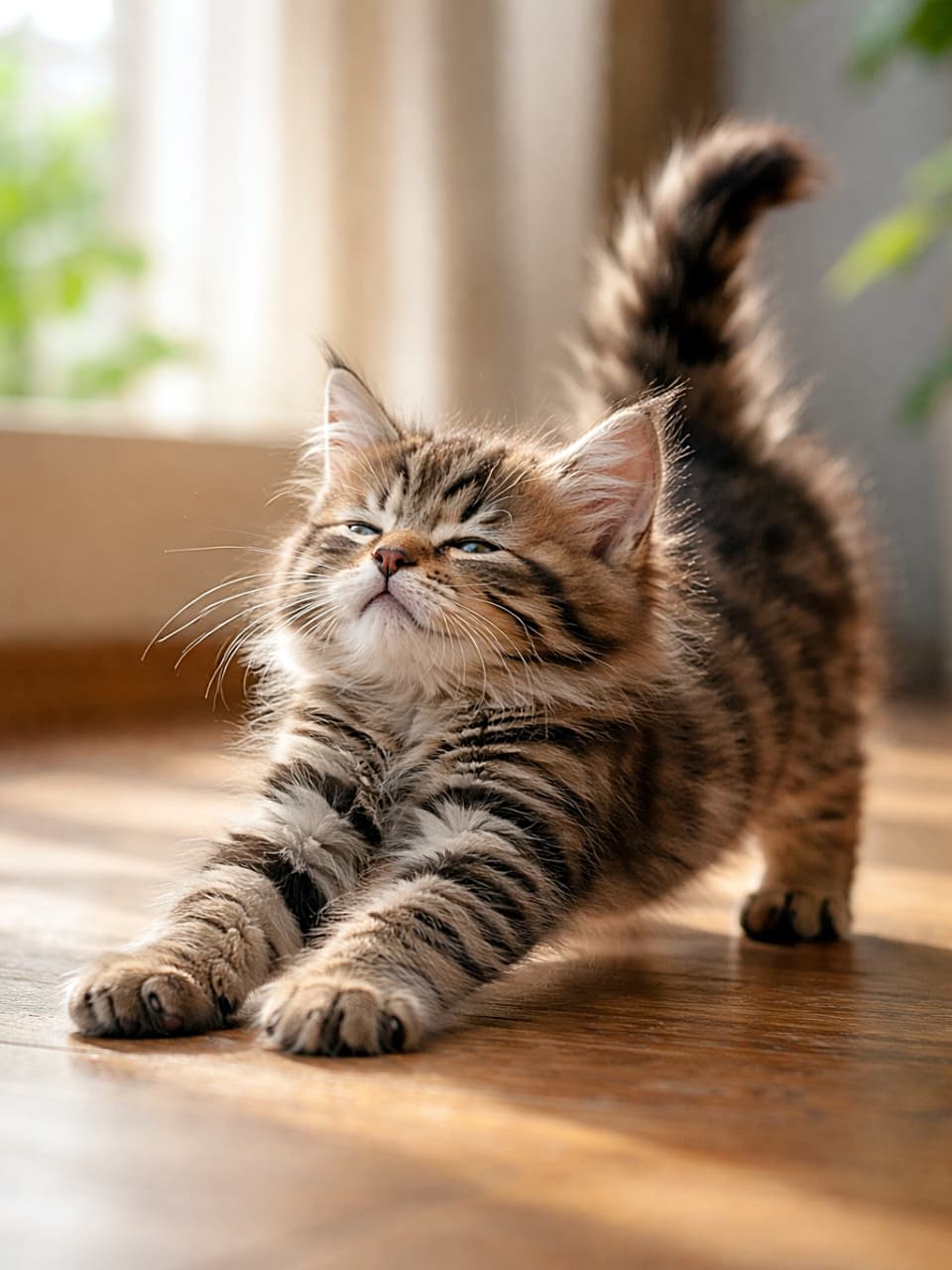 「朝日を浴びて、のび〜っと全身ストレッチ。今日もゆるっと始まる子猫時間🐾」A photorealistic kitten stretching naturally on a sunlit wooden floor, arching its back and extending its front paws in a relaxed morning pose. 朝のやわらかな光の中、木の床の上で自然に体を伸ばす子猫のフォトリアルな姿