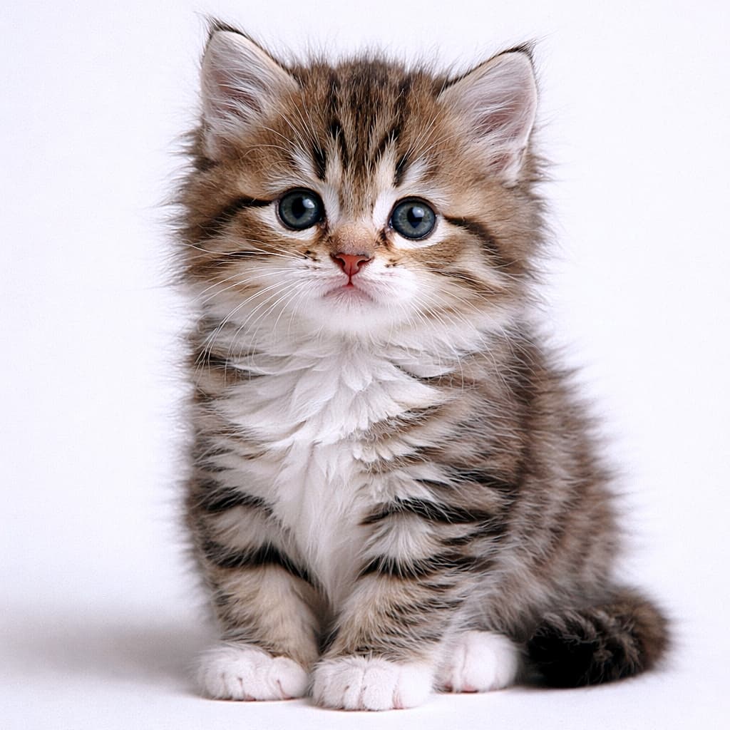 「陽だまりを独り占めする子猫。光までふわふわで、時間がゆっくり流れます☀️🐾」A fluffy kitten sitting by a window, bathed in soft warm sunlight, looking up with gentle blue eyes in a calm, photorealistic scene. やわらかな陽だまりの窓辺で、青い瞳を輝かせて見上げる子猫のフォトリアルな姿