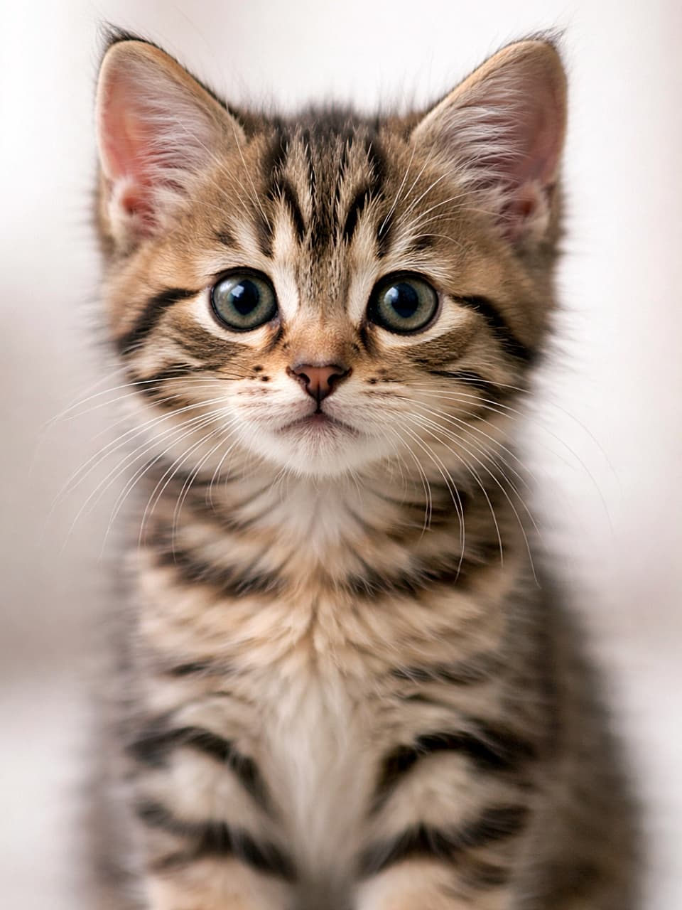 「その目で見つめられたら最後。何もしてないのに心を持っていかれる、罪深い子猫🐱」A close-up photorealistic portrait of a single kitten looking straight at the camera, with sharp focus, soft natural lighting, a clean white background, and its full face and ears clearly visible. カメラをまっすぐ見つめる子猫のドアップなフォトリアルポートレート。柔らかな自然光で、顔と耳がくっきりと写っている