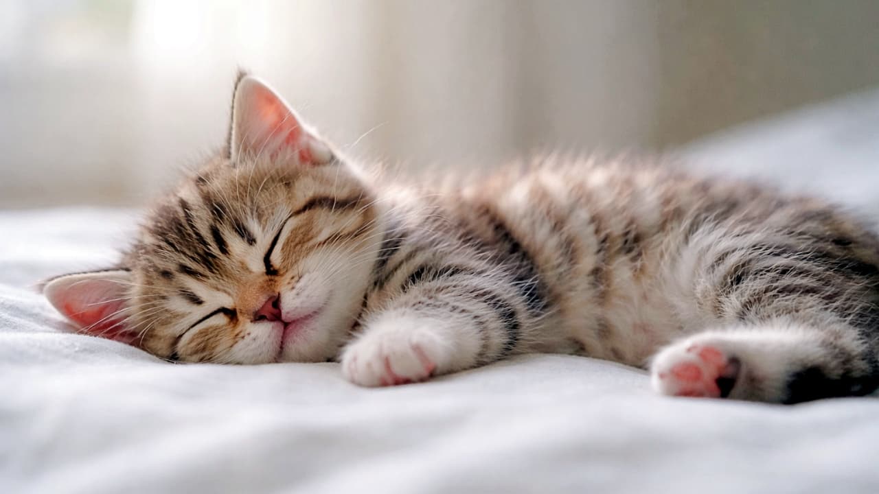 「すやすや夢の中。やさしい光に包まれて、子猫の幸せな寝顔に癒やされるひととき」A sleeping kitten lying on its side in soft daylight, relaxed pose, photorealistic style やわらかな自然光の中で、横向きに眠るリラックスした子猫