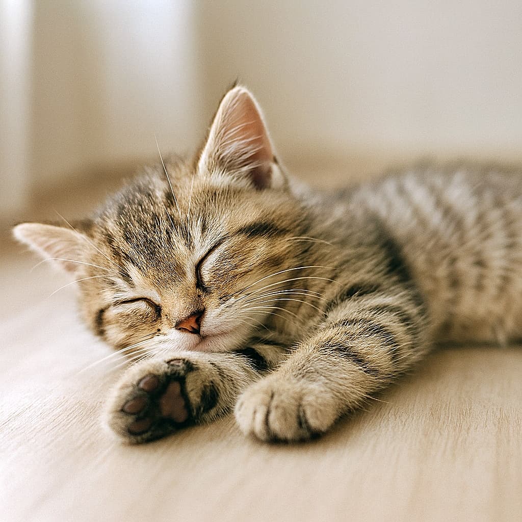 「すやすや夢見る、光に包まれた子猫」A photorealistic kitten sleeping on its side in soft daylight, relaxed posture, clean and minimal composition. 柔らかな昼光の中、横向きで眠るフォトリアルな子猫。リラックスした姿勢で、クリーンな構図