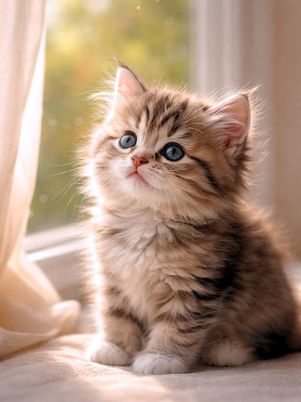「「なにか聞こえた?」って顔が可愛すぎる💓耳ピン子猫の集中モード、たまりません!」An alert tabby kitten with perked-up ears, looking straight ahead with bright, curious eyes in soft natural light. 耳をぴんと立て、好奇心いっぱいの表情でこちらを見つめるキジトラの子猫