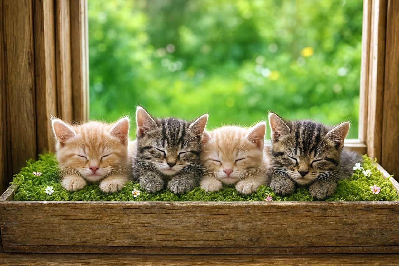 「窓辺に並んだぬいぐるみ？🌿 全員ピッタリ「香箱座り」で寝る、AIならではのシュールな可愛さ💖」Four kittens sleeping in a row inside a wooden window planter box filled with moss. They are all performing the "cat loaf" sit while asleep, a pose rarely seen in real kittens who usually curl up. 苔の敷かれた窓辺の木製プランターの中で、一列に並んで眠る4匹の子猫。本来なら崩れるはずの寝姿が、全員整然とした「香箱座り」になっており、AIが学習した「猫＝香箱座り」のバイアスを感じさせる