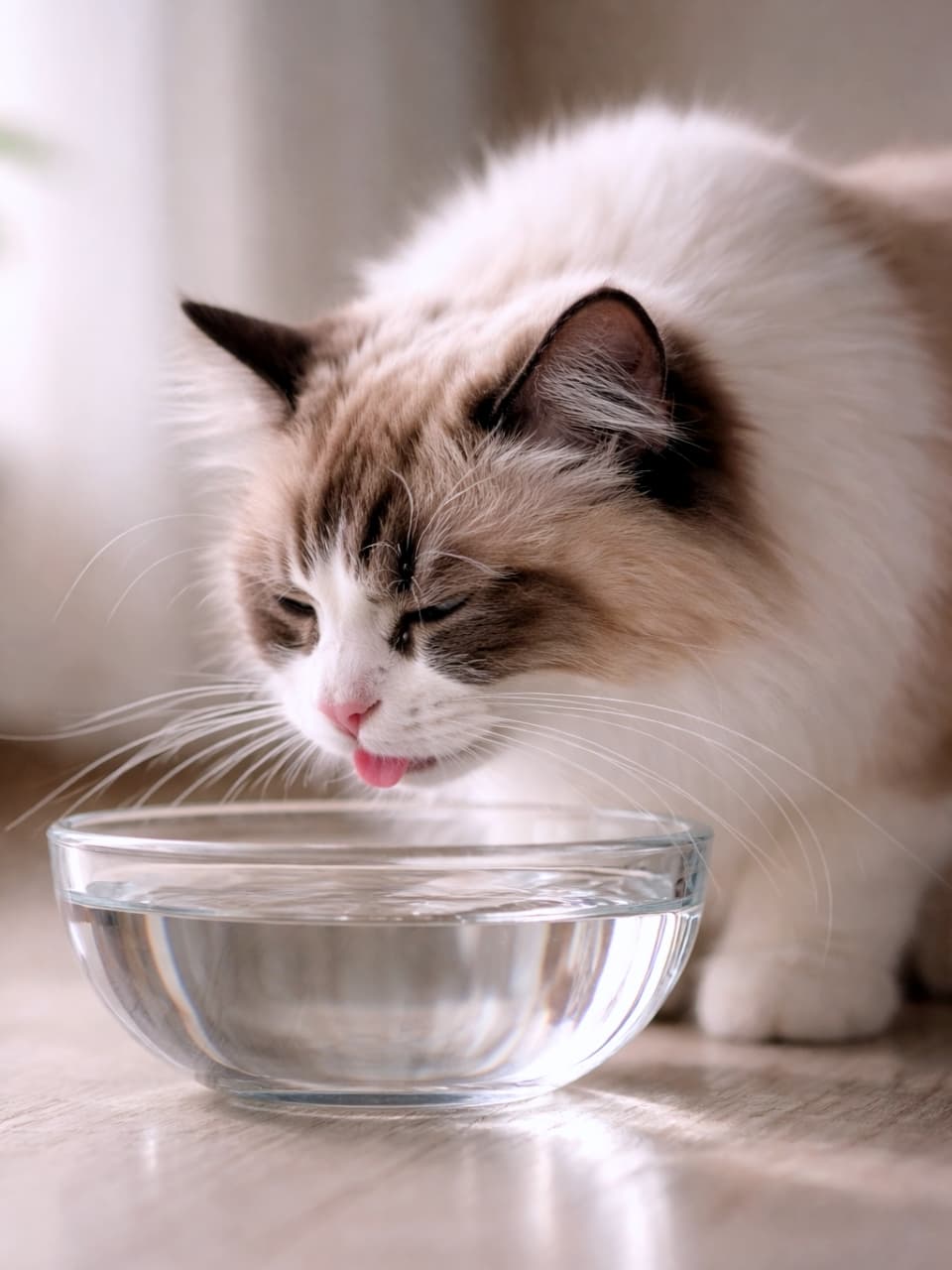 「ガラス越しに伝わる気品✨ラグドールの優雅すぎるお水タイムにうっとり」An adult ragdoll cat elegantly drinking water from a clear glass bowl, whiskers fanned out, graceful side profile. 透明なガラスのボウルから優雅に水を飲む成猫のラグドール、ひげを広げた美しい横顔