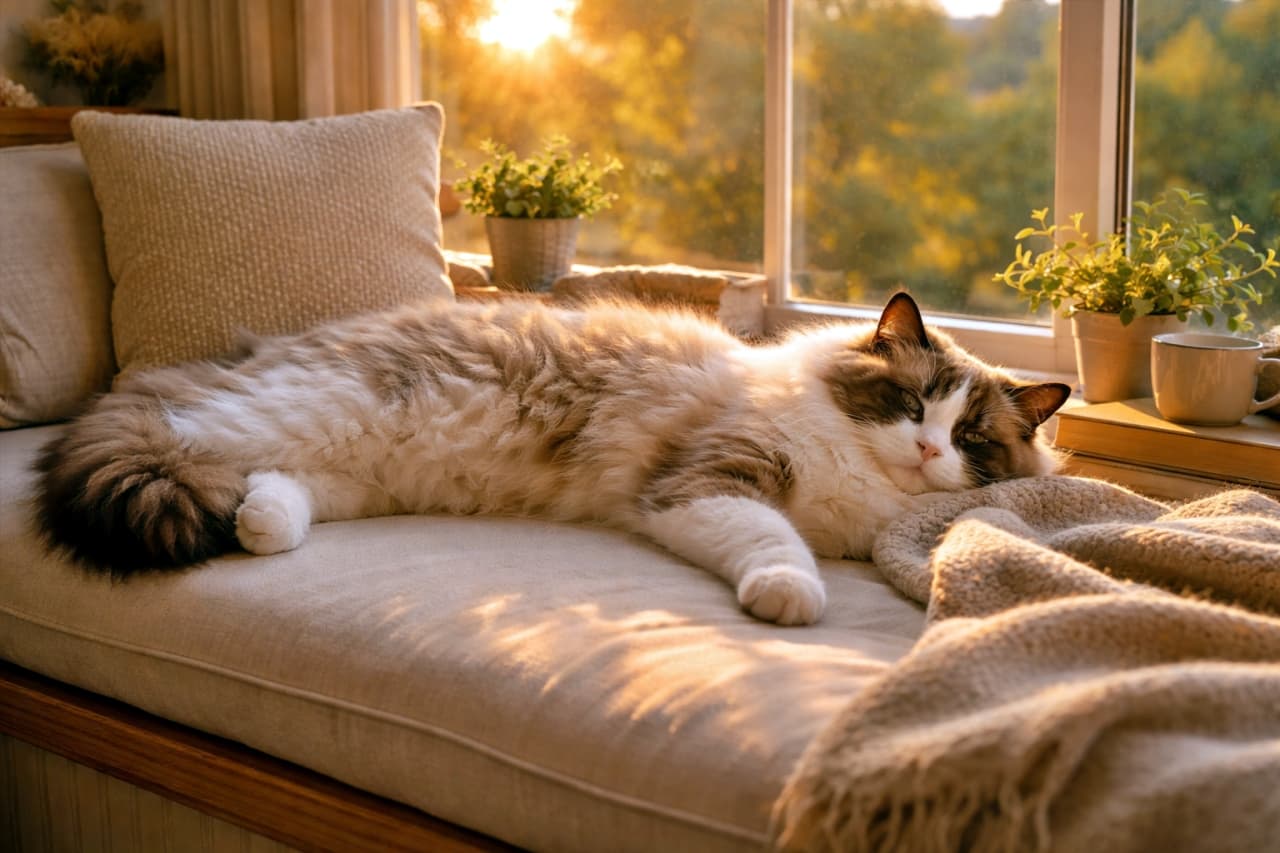 「陽だまり独り占め。ラグドールの「動かない」という最高の選択」Adult ragdoll cat stretched out on a sunlit window seat, peacefully napping in warm golden hour light. ゴールデンアワーの陽だまりに包まれ、窓辺のシートで気持ちよさそうに眠る成猫のラグドール