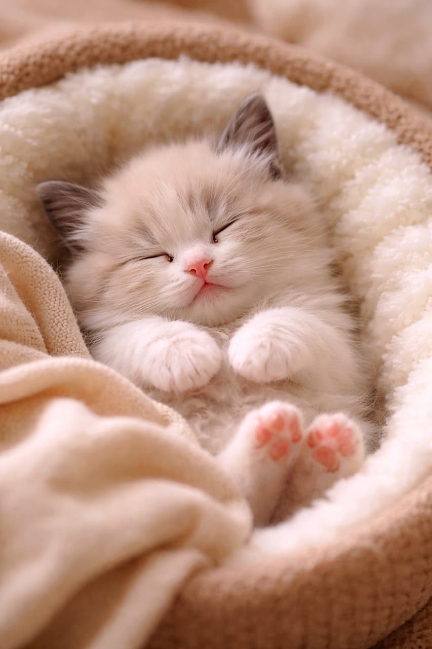 「ちいさな前足をきゅっとしまって、夢の世界へ。ふかふかベッドは、子猫の特等席です🐾」A few-week-old baby Ragdoll kitten sleeping peacefully in a small soft bed, tiny paws tucked in, warm and cozy atmosphere 小さなふかふかのベッドで、前足をしまって気持ちよさそうに眠る生後数週のラグドールの子猫